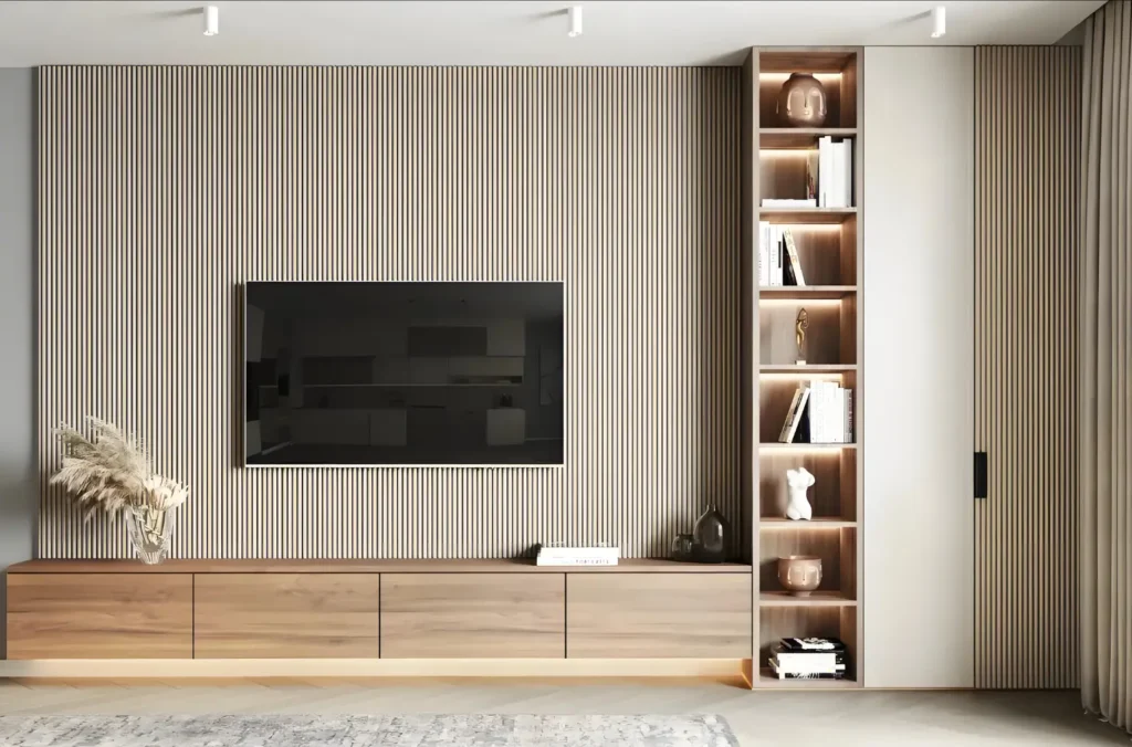 white wpc wall panels installed in living room with modern design