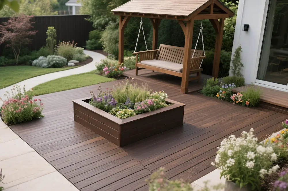 outdoor composite decking around backyard