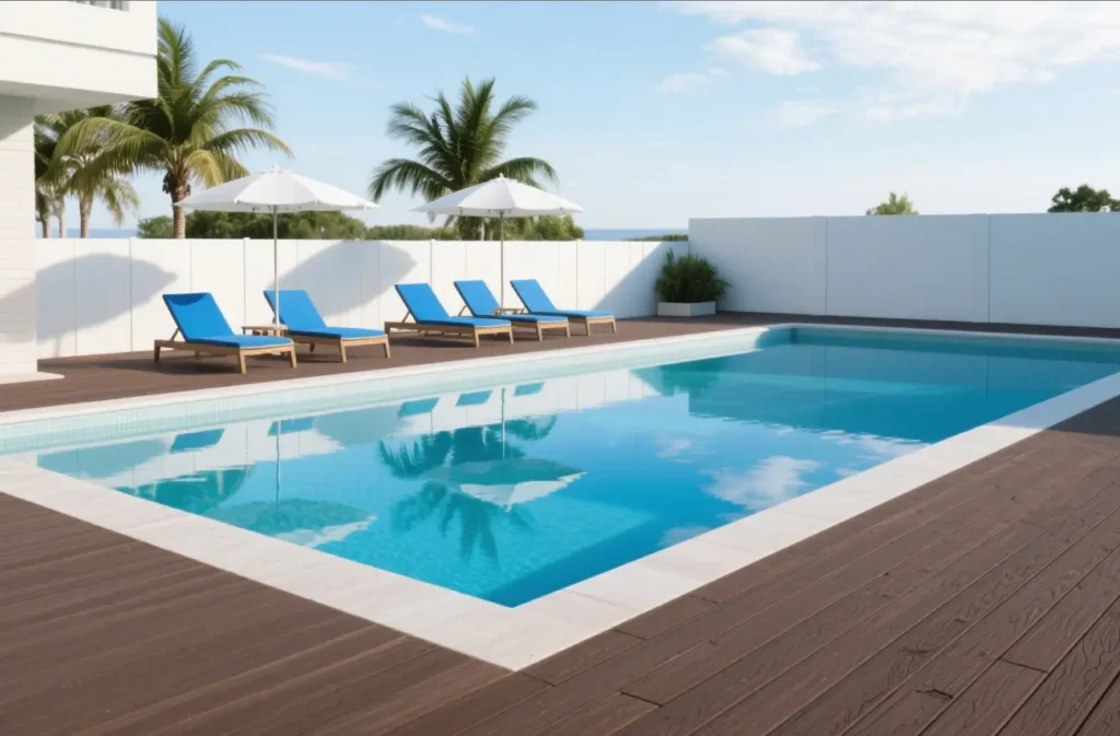 eco-friendly WPC decking installed around swimming pool