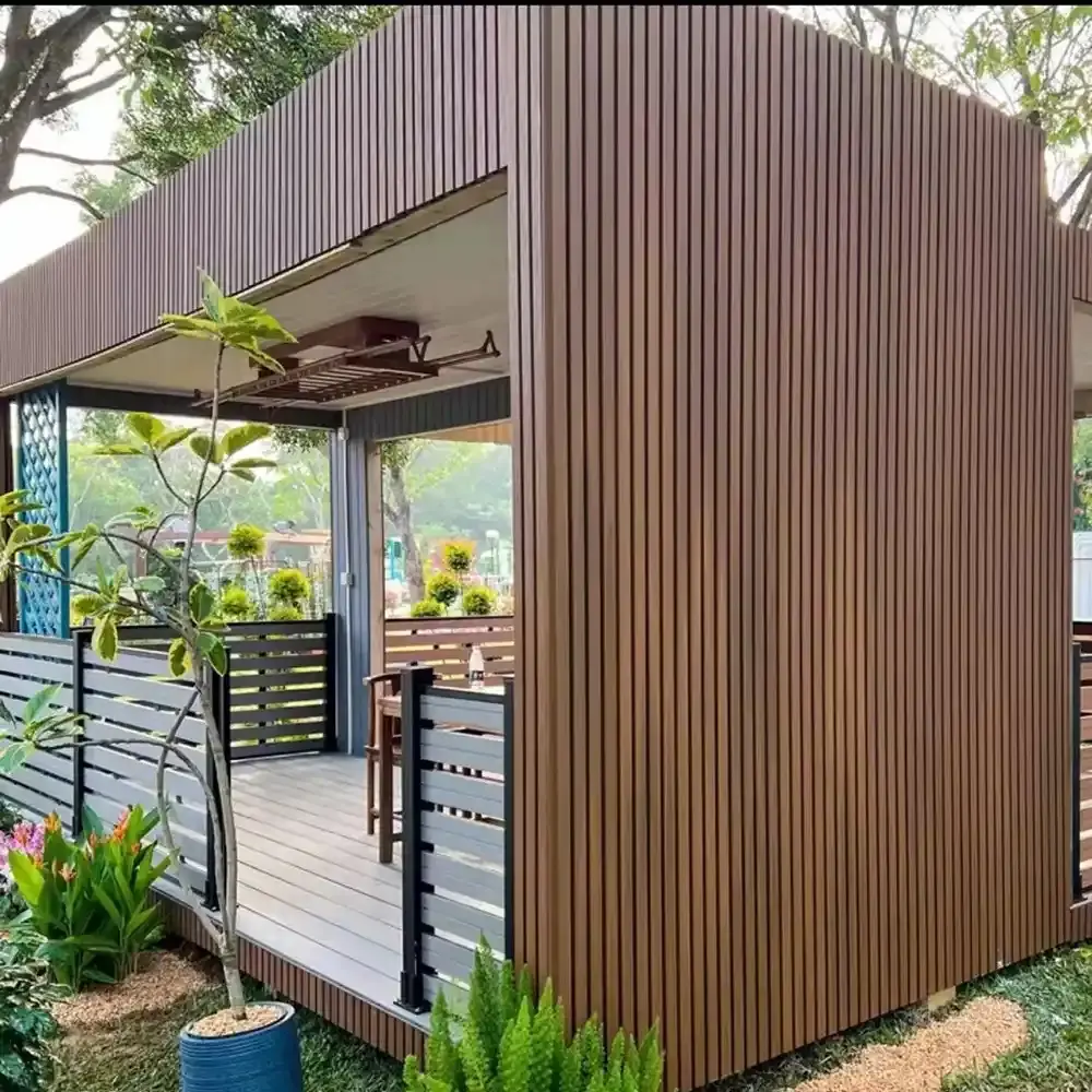 Modern outdoor structure with WPC wall panels for exterior cladding, offering a sleek and weather-resistant facade
