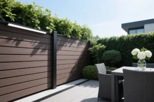 Modern garden with WPC fence panels and greenery