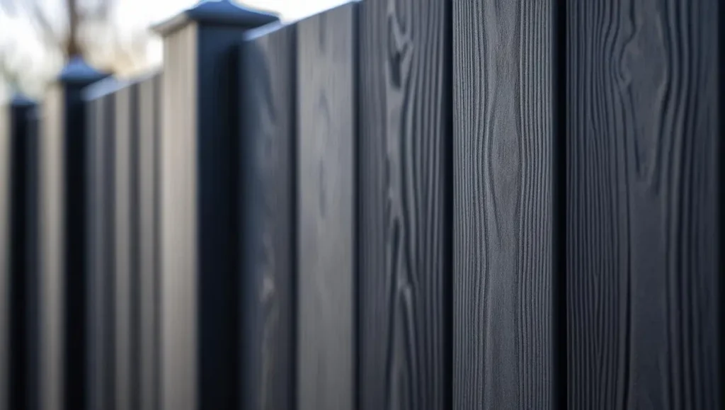 close-up of charcoal wood-textured WPC fence panel