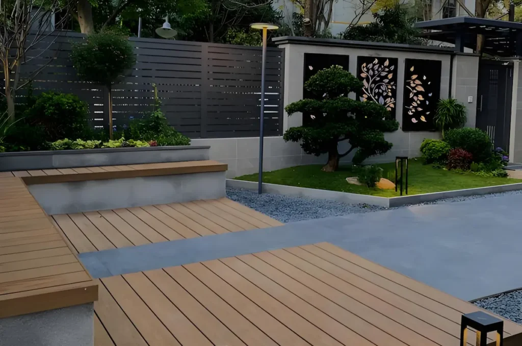 Eco-friendly WPC decking in a garden backyard landscape