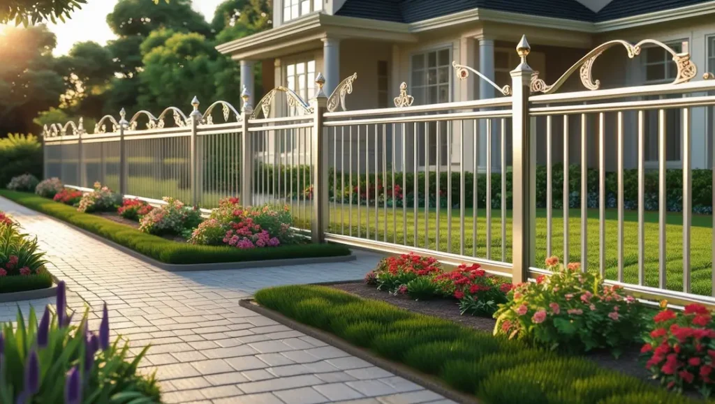 decorative aluminum or wrought iron fence in a front yard