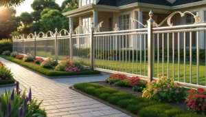 decorative aluminum or wrought iron fence in a front yard