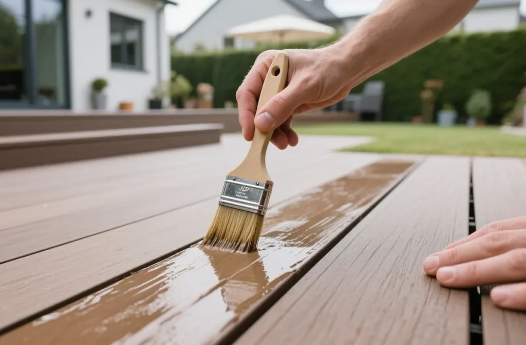 Applying UV sealant to composite decking boards in sunny backyard