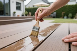 Applying UV sealant to composite decking boards in sunny backyard