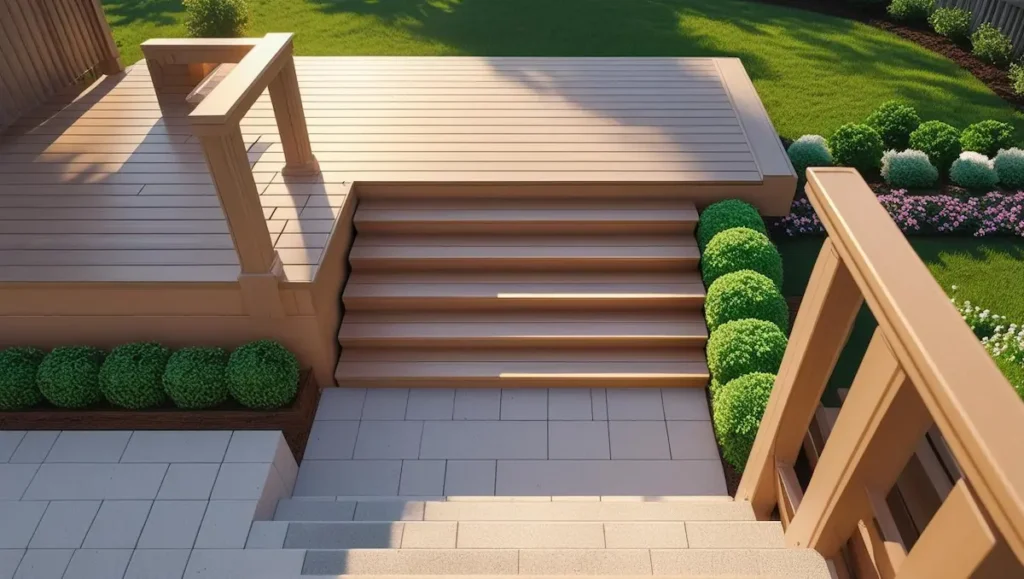 Outdoor deck stairs leading to backyard garden